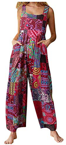 Edhomenn Women Summer Dungarees Multicolor Ethnic Style Square Neck Long Jumpsuit Playsuit Sleeveless Casual Baggy Overalls Rompers