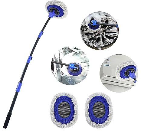 Upgrade Car Wash Brush with Long Handle, EAFC Microfiber Car Wash Mop with 2 Replaceable Chenille Brush Head, Soft Cleaning Brush 15° Curved Extension Pole Car Wash Kit for RV Truck Camper, Blue
