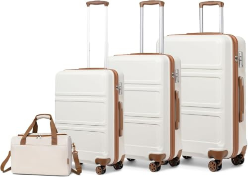 Kono Set de 4 Valises de Voyage Rigide Valise (55cm/65cm/74cm) à 4 roulettes avec Serrure TSA + Sac de Voyage Ryanair 40x20x25cm, Blanc Crème