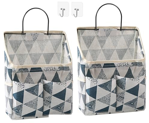 PLATEYTR 2 Piece Hanging Storage Basket with Hooks Wall Mounted Storage Bag, Hanging Storage Space, Stylish Hanging Bag with Side Mesh Pocket for Bedroom Bathroom Kitchen Fabric Storage Bag