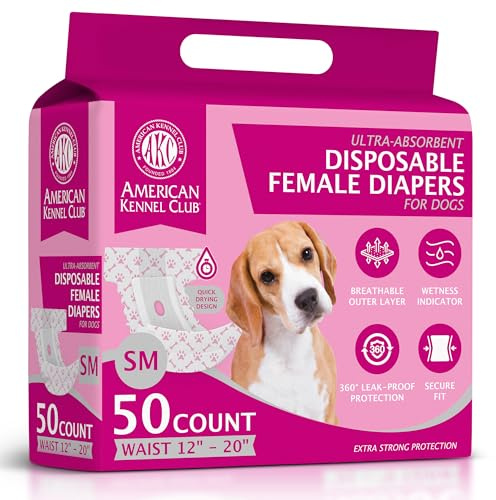 American Kennel Club Female Dog Wrap, Disposable Diapers with Wetness Indicator, Small, 50 Count