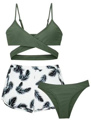SEAUR Bikini da bambina con pantaloni, set da 3 pezzi, costume da bagno con stampa floreale, imbottito, bikini estivo, spiaggia, nuoto per 8-14 anni, verde chiaro, 8-9 Anni