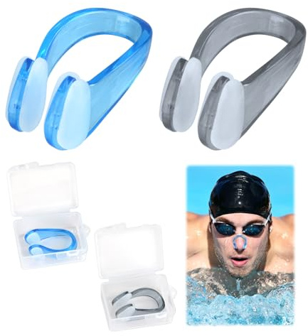 Hugfads Pince Nez Natation, Pince-Nez en Silicone,Pince Nez Natation Enfant,Protecteur de Nez Imperméable,Réutilisable,avec Boîte de Rangement,pour Natation Adultes Enfants Unisexe,Noir et Bleu (2)