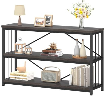 IBF Short Wide Horizontal Bookshelf, Industrial office Low 3 Tier Book shelf, Rustic Wide Vintage open Bookcase with Storage, Modern Grey Etagere for Home Office Living Room Bedroom, Gray Oak, 47 Inch