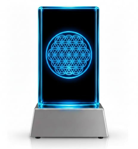Kaltner Präsente Stimmungslicht - Das perfekte Geschenk: LED Kerze/Kristall Glasblock / 3D-Laser-Gravur Blume des Lebens/Lebensblume Symbol/Zen/Buddha/Esoterik/Buddhismus