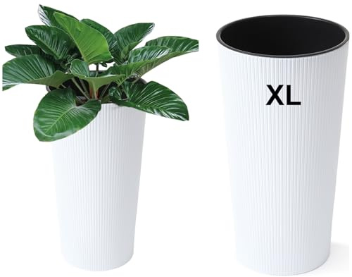 MELTOM Blumenkübel Rund Matt Rillen 3D Slim Blumentopf mit Herausnehmbaren Einsatz (Weiß, XL - 57 cm)