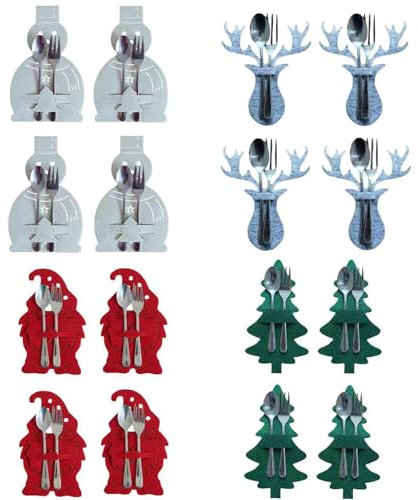 16 Stück Besteckhalter Weihnachten Filz, Mehrfarbig Weihnachtsbaum Bestecktasche, Messer Gabeln Löffel Tasche für Tischdeko und Weihnachtsdeko