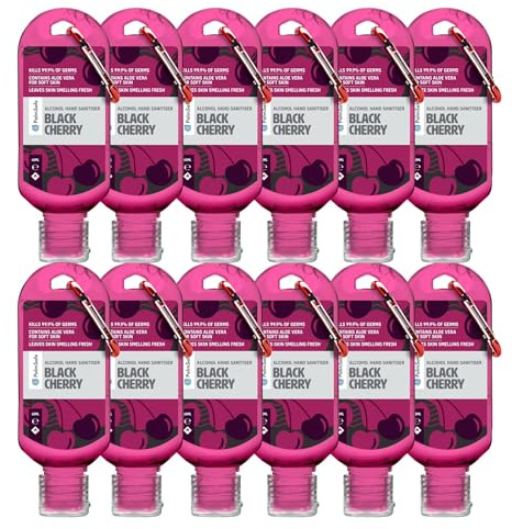 Palm Safe Black Cherry 12 Pack 60ml Anti Bacterial Premium Hand Sanitiser Travel Size Refillable Clip Bottle Quick Drying Non Sticky Extra Moisturising Kills 99.9% of Viruses and Bacteria