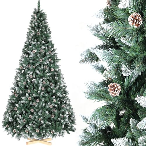 LIFERUN 150cm Künstlicher Weihnachtsbaum mit Schnee-Effekt, Nordmanntanne Premium, Tannenbaum Künstlich mit Handgefertigtem Holzständer, Schnee & 28PCS Tannenzapfen & 676 Spitzen, Einfach zu Montieren