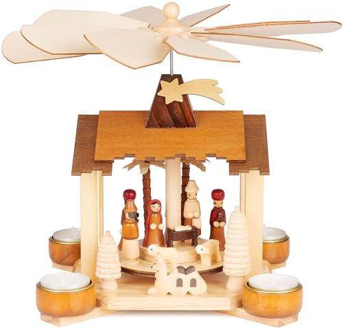 BRUBAKER Pyramide de Noël en Bois – Crèche avec Jésus, Marie et Joseph – Modèle de 28 cm entièrement en Bois pour 4 Bougies Pyramidales - Idéal pour la Décoration Festive à la Maison
