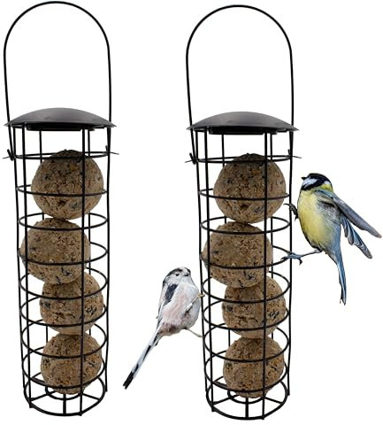 mucHome 2er Set Meisenknödelhalter zum Aufhängen, Futterspender mit Dach für Wildvögel, Futtersäule für Meisenknödel, Eisen, Höhe 31 cm, schwarz