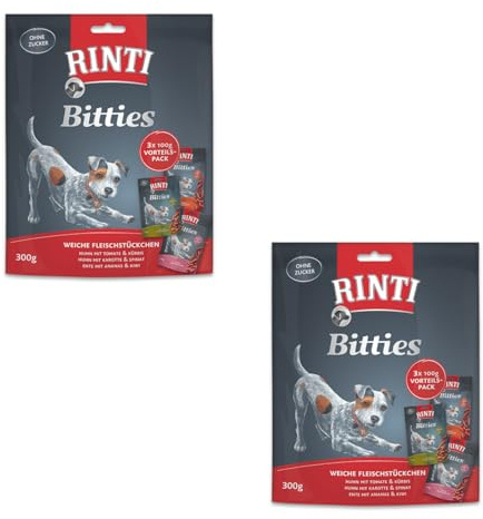 Rinti Bitties Multipack Sortenvielfalt | Doppelpack | 2 x 3 x 100 g | Softe Fleisch-Snacks für Hunde | Schonend luftgetrocknet und ohne Fleischmehle & Soja | 3 Sorten
