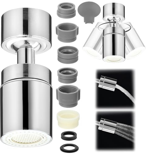 QWORK® Wasserhahn Sprühkopf, Wasserhahn Luftsprudler mit 360° Schwenkbarem Auslauf, 2 Wassermodi, Wasserhahn-Luftsprudler mit Mehreren Adaptern