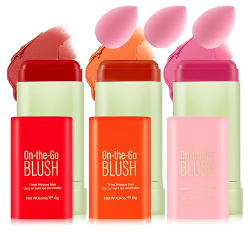 3 Colors Blush Stick with Makeup Sponges,Matte Solid Cream Blush,Multi-Use Blush Stick for Cheeks,Lips and Eye,High Pigmented Makeup Sticks Set A