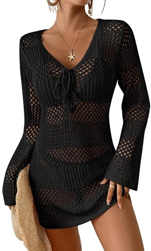 Bsubseach Women Swimsuit Crochet Coverup Long Sleeve V Neck Beach Knit Bathing Suits Cover Ups Mesh Bikini Hollow Out Dress Black L