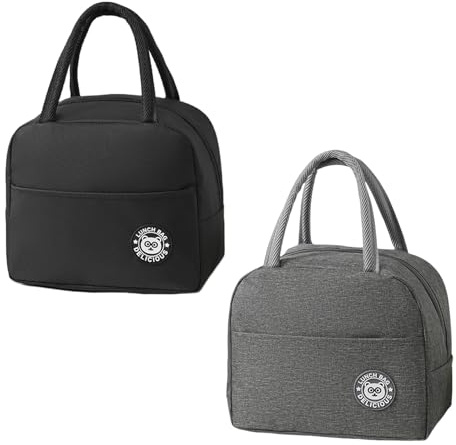 2 Stück Kühltasche Klein,Thermotasche für Essen,Essen Tasche für Arbeit,Lunchtasche Kinder,Lunch Taschen,Lunchbag Erwachsene,Essenstasche Unisex zum Büros,Schulen,im Freien,Picknicks (Schwarz,Grau)