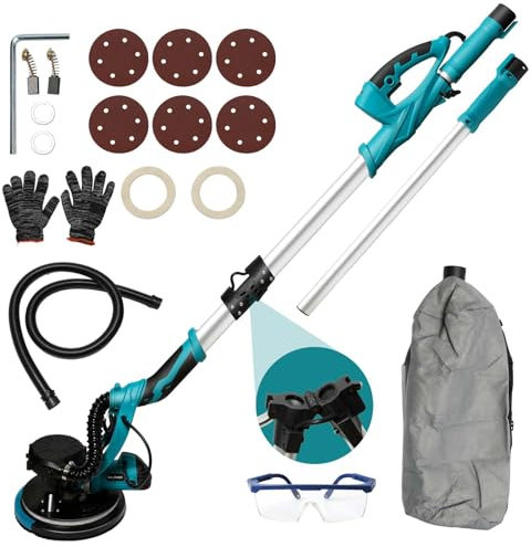 Ponceuse à sec 1250 W, ponceuse murale avec système d'aspiration automatique, sac d'aspiration, lumière LED, poignée pliable et extensible à 90°, plateau de ponçage interchangeable