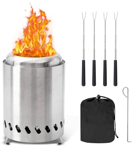 Smokeless Table Top Fire Pit, Portable Tabletop Fire Pits for Garden & Outdoor, Stainless Steel Small Fire Bowl Camping Stove with Travel Bag, Airflow Rack, Fork & Hook