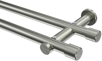 INTERDECO Gardinenstange 20 mm 2-läufig Edelstahl-Optik 120 cm | aus Metall, für Wandmontage, Endstück Santo (Kappe), ohne Ringe, kürzbar, Traglast bis 9 kg, Modern