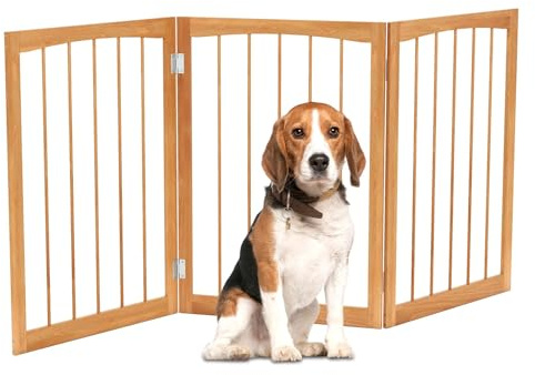 FANTASK Hundeabsperrgitter Freistehend Hunde 3-teilig, Schutzgitter Tannenhol, Türschutzgitter 76cm Hoch, Absperrgitter klappbar, Treppengitter, Hundegitter Tannenholz für flur, Küche & Treppe (Natur)
