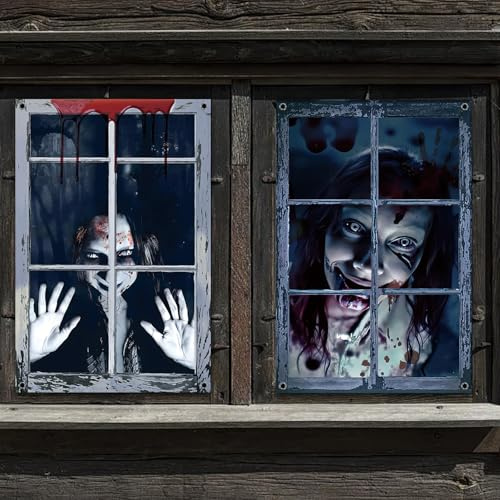 2 Stück Halloween Deko Gruselig Fensterbilder, Halloween innen Deko Fenster Vorhang, Horror Party Fensterdeko Fensterposter Fensterabdeckung Fenster Dekoration für Party Zubehör 120 * 80 cm