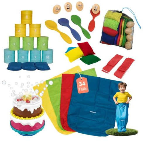 alldoro XL Party Bundle 34-TLG, Dosenwerfen, 4 XL Spiele, Seifenblasentorte | Pusteblasen-Spielzeug, für Kindergeburtstag, 4 XL Partygames & magische Seifenblasentorte, Indoor & Outdoor