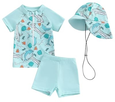 JiAmy Maillot de bain pour tout-petits garçons et bébés - Protection UV - Maillot de bain une pièce - Vêtement de protection avec chapeau de soleil, bleu clair, 0-6 mois
