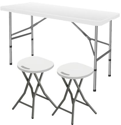 Tragbarer HDPE-Klapptisch mit Griff, 1,2 m Indoor/Outdoor, Campingtisch für Reisen, Strand, Küche, Party, inklusive 2 runden Stühlen, leicht zu transportieren und aufzubewahren