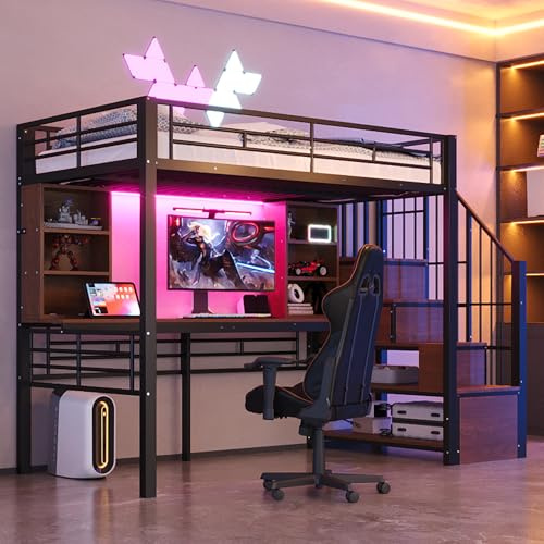 Letto a soppalco 90 × 200 cm, con ripiano, scrivania, presa europea e illuminazione a LED, scala di stoccaggio integrata (montato a sinistra/destra), alta griglia di protezione, letto singolo, telaio