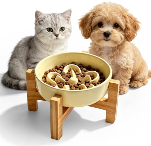 TOATELU Antischlingnapf Hunde Keramik, Hundenapf mit Ständer, Anti Schling Napf Katze, Slow Feeder Hund, für Katzen und kleine Hunde - Milchgelb, Durchmesser 16,4 cm