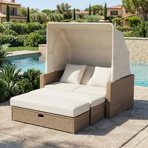 Xwiny Gartenmöbel-Set mit Verstellbarer Couchtisch und Abnehmbare Markise, Multifunktionales Sofa, 3-teiliges, 1 Doppelsofa, 1 Doppelbank, 1 Couchtisch, Alle Kissen Inklusive