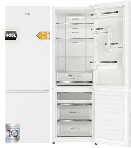 VOK Frigorífico Combinado No Frost 405L en 185.5cm - Compresor Inverter Silencioso 37dB, MaxVolume, Zona 0°C, Multi Air Flow, Clase E, Blanco, EVR-405NEW