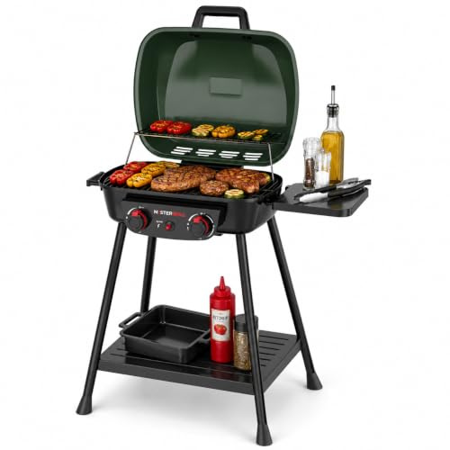 MasterCook - Barbecue a Gas 2 Bruciatori Verde con Griglia in Ghisa e Scaldavivande, BBQ da Esterno con Accensione Piezoelettrica e Ruote, 76,8x51,9x90,4 cm