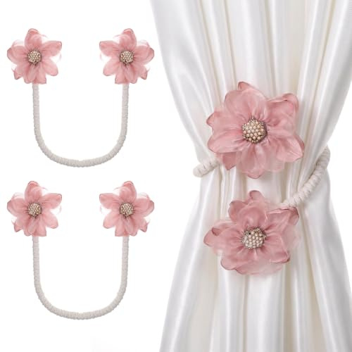 Shimmeroo 2 Pack Flower Tie Backs for Curtains Pink Premium Fabric