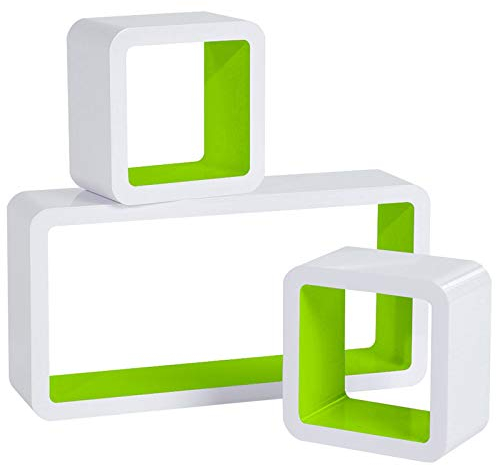 WOLTU Mensole da Muro Mensola a Cubo Scaffale Parete Libreria CD Legno MDF Moderno 3 Pezzi Diametro Diverso Verde-Bianco RG9229gn