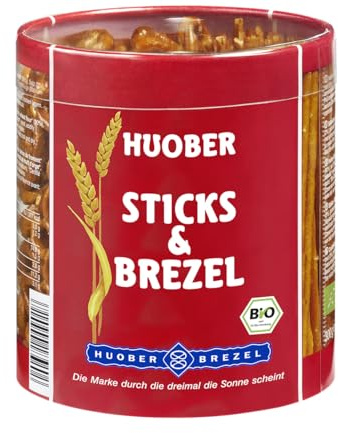 HUOBER Bio Sticks & Brezel, große Dose mit Salzstangen und Brezeln zum Anbieten, 6 Dosen (6 x 300 g)