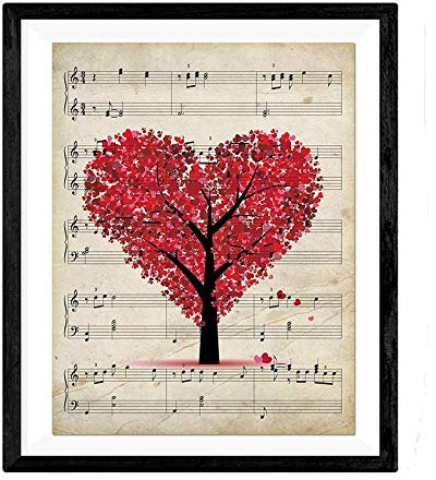 Nacnic - Lámina Árbol Corazón Rojo sobre Partitura Musical - Poster Decoración Mural Vintage - Cuadro Decorativo Amor y Música