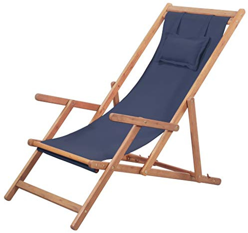 Tidyard Strandstuhl mit Armlehne, Klappbar, Blau, aus Holzrahmen + Stoff, Campingstuhl Holz-Liegestuhl, Gartenliege, Garten Terrasse Balkon