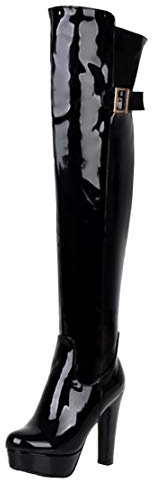 MISSUIT Damen Lack Overkneestiefel High Heels Blockabsatz Boots Plateau Stiefel mit Schnallen und Reißverschluss