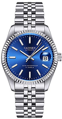 CADISEN Reloj automático de hombre, elegante, casual, con cristal de zafiro y calendario, correa de acero inoxidable, resistente al agua, Pulsera