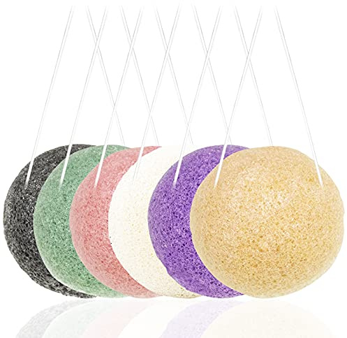 Set di 6 spugne naturali Konjac per il viso, 6 colori Konjac, esfolianti per viso e esfoliazione, carbone, curcuma, verde francese, bianco rosa e viola, confezione da 6