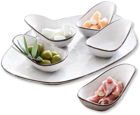 LOBERON Servierschälchen 6er Set Biarré, weiß | fünf Schälchen + Unterteller, für Dips und Saucen, traditionelle Handarbeit, Küchenutensilien, Tischaccessoires, Steinzeug
