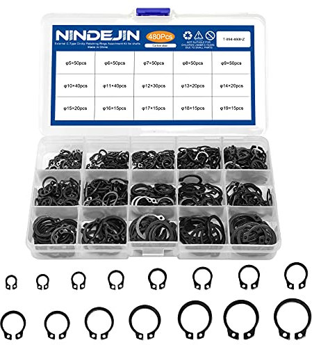 NINDEJIN 480PCS Snap Ring Assortment Set, Carbon Steel External Circlip Snap Retaining Clip Rings Kit, 5-19mm (15Sizes) C-Clips Circlip Rings for Axles, Shafts and Other Moving Parts