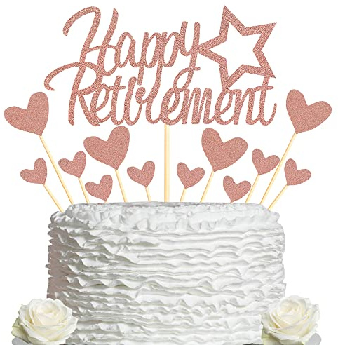 Sumerk Rose Gold Glitter Happy Retirement Cake Topper Retired Theme Cake Decorations Set with Heart Cupcake Toppers Party Decorations Supplies - Pack of 13