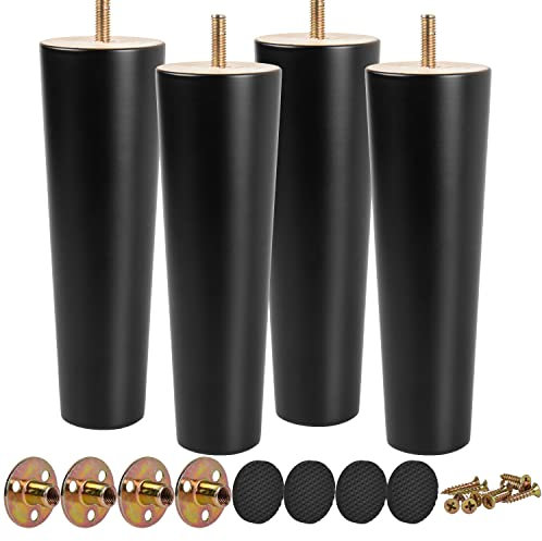 TCHOSUZ 8 inch / 20cm Wooden Furniture Legs, Pack of 4 Mid Century Modern Solid Wood Round Tapered Black DIY Replacement Feet with M8 Hanger Bolts & T-Nuts for Sofa Couch Cabinet Dresser Loveseat