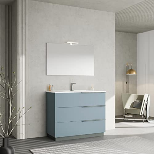 Kiamami Valentina - Arredo Bagno a Terra 100CM | Lavabo in Ceramica | Specchio 100x60 con Lampada LED | 3 Cassetti MDF Certificato FSC, Celeste Opaco, 100CM, Specchio con Lampada, Ceramica