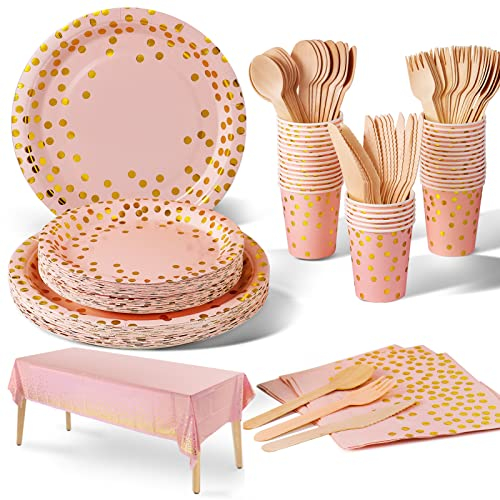 Nkaiso Party Tableware 141 Pieces Pink Gold Paper Tableware Set Includes Paper Plates Napkins Cups Knives Forks Spoons for Wedding Shower Engagement Wedding Birthday (20 Guests)