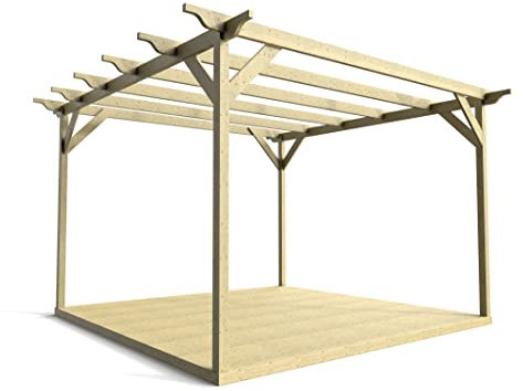 Arbor Garden Solutions Wooden pergola and decking complete DIY kit (2.4m x 2.4m Sculpted gazebo design, Natural (light green) finish)