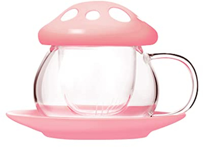 AYAROS Tasse à thé en verre aux champignons avec poignée de 283,5 g Jolie tasse à thé en forme de champignon avec filtre infuseur et soucoupe Jolie théière Kawaii pour la maison, le bureau