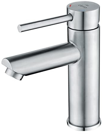 DURO Acero - Grifo de lavabo (acero inoxidable cepillado, sin tapón, ahorro de agua, batería de pie con salida fija, clase de flujo A, clase de ruido II, 17,5 cm de alto